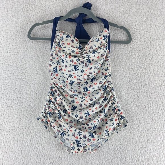 Girl Howdy Nautical Ruched Halter One Piece Swimsuit‎ Womens Made in USA Size 6 - Picture 1 of 10